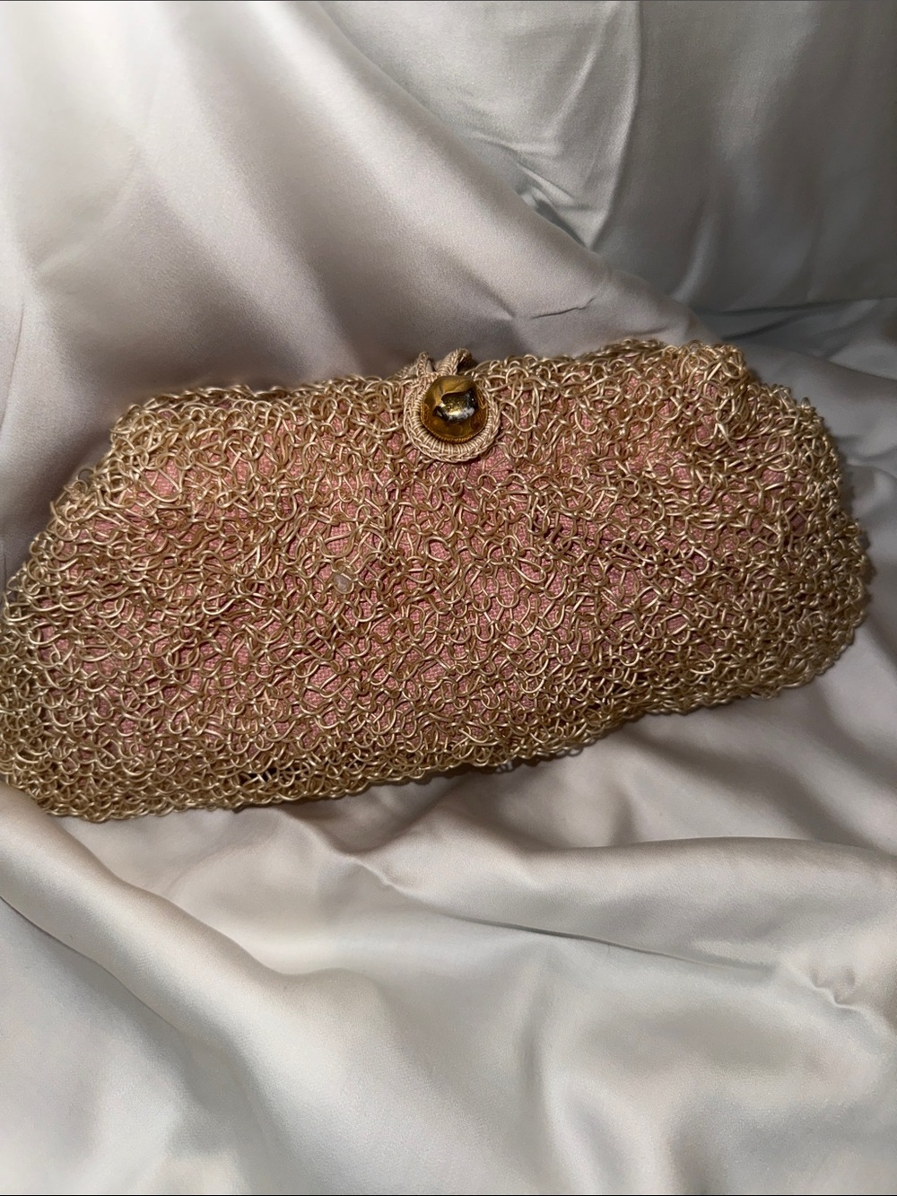 Vintage Italian Handmade Gold Crochet Pink Lined Clutch